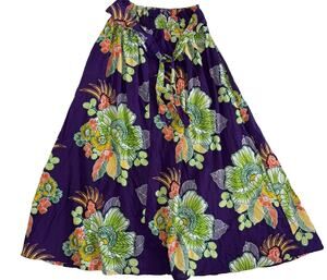 Jackpot Vtg Bright Purple Floral 100% Cotton Woven A-Line Maxi Skirt Pull On